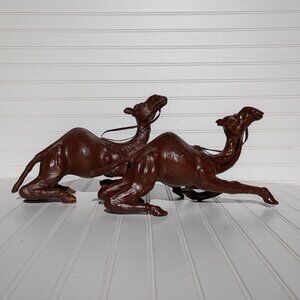 Vintage Leather Wrapped Camels Pair of 2 Camel Sculptures Figurines Handmade MCM